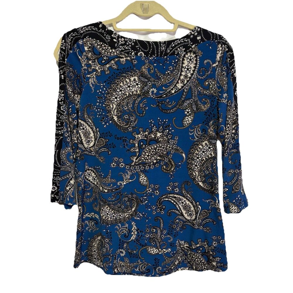 Susan Graver Womens XXS Printed Liquid Knit Slit Sleeve Boat Neck Top Blue Black